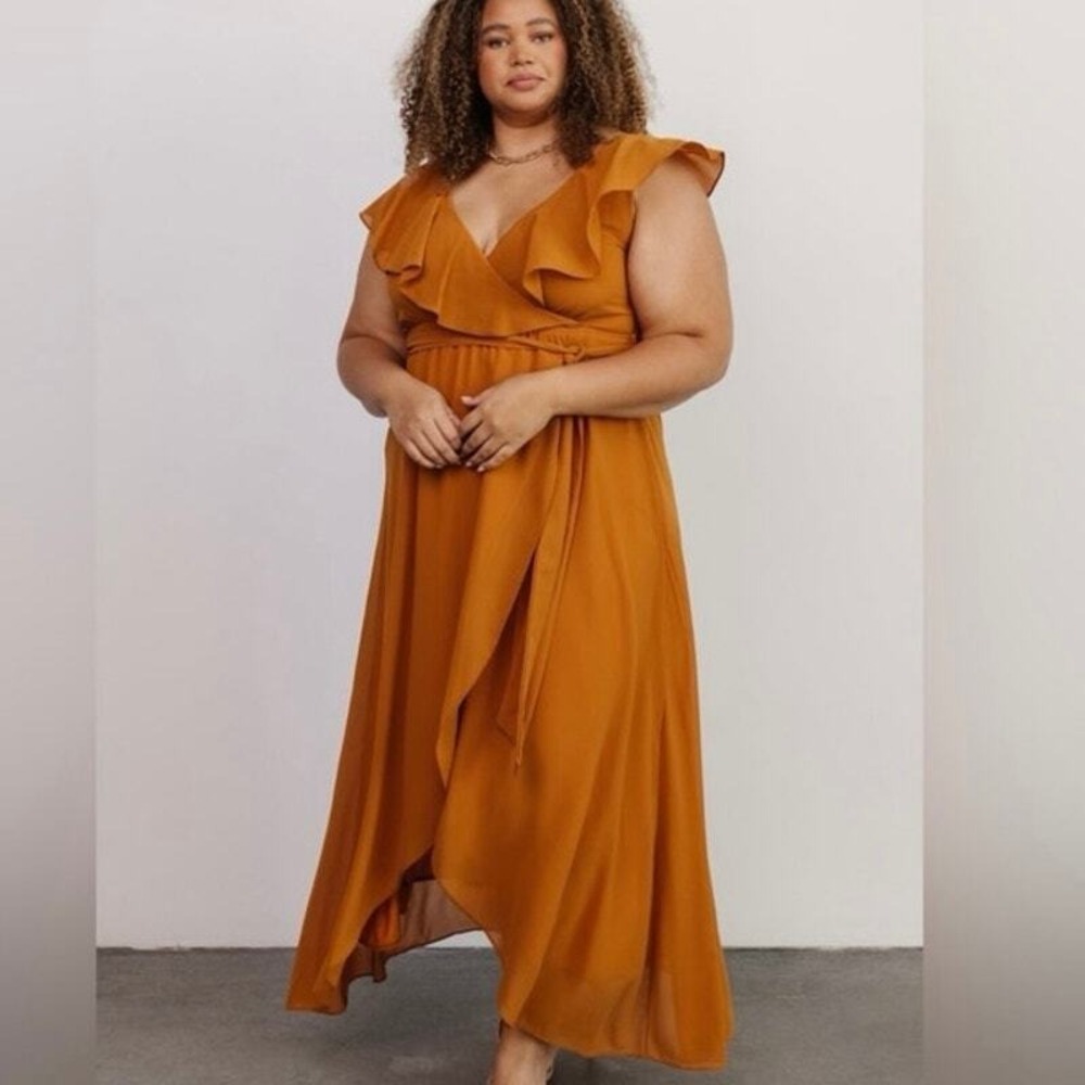 Baltic Born Katya Ruffle Maxi Dress Women XXXL Mustard Yellow Excellent High Low